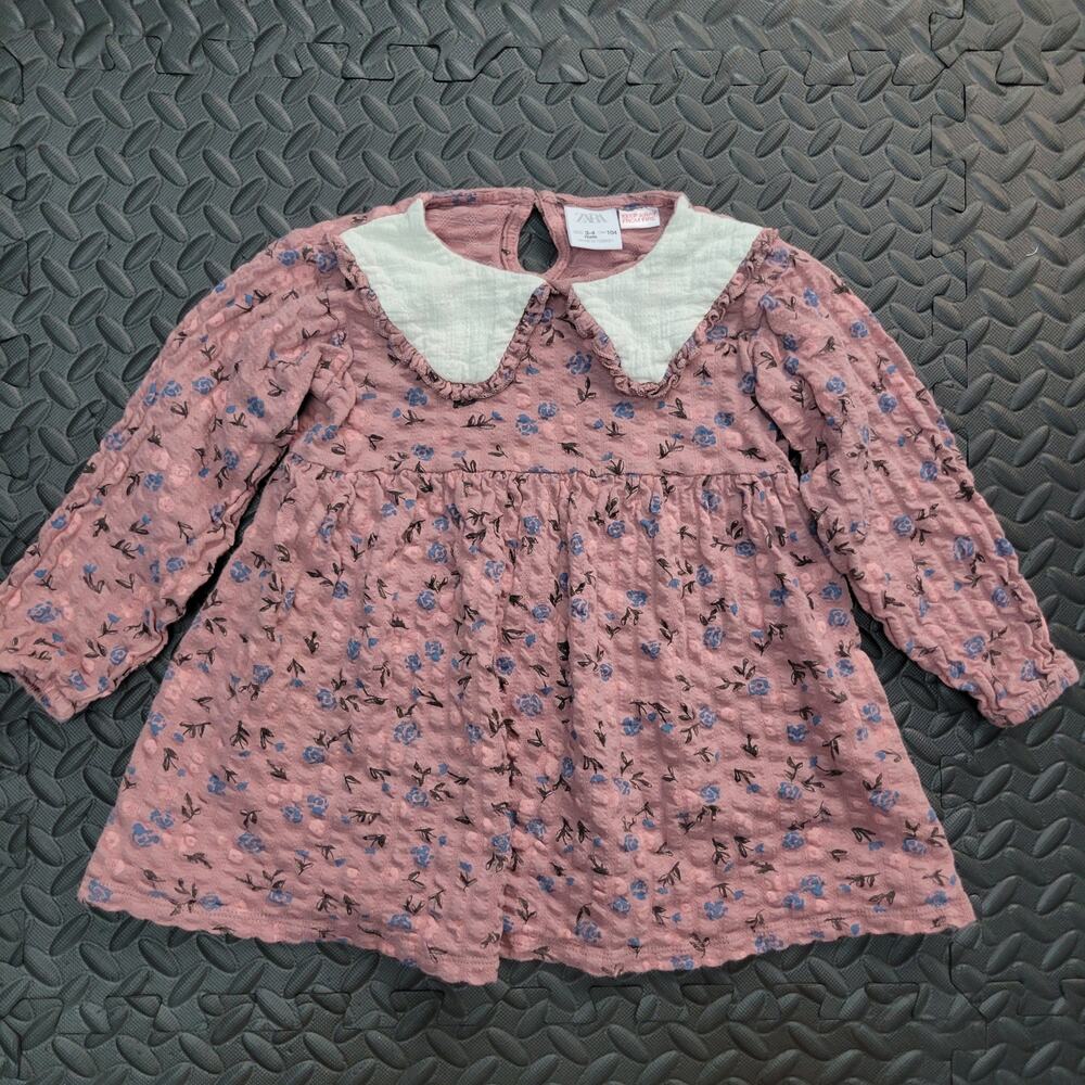 Zara Girls Floral Dress 3-4Y Pink Peter Pan Collar Long Sleeve Cottagecore Fall